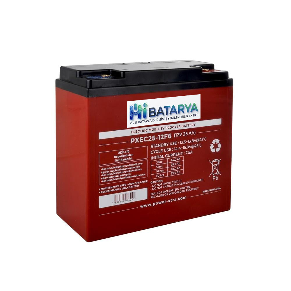 HiBatarya PXEC25-12F6 - 12V 25 Ah Elektrikli Bisiklet Aküsü - F6 - (M6 Bolts)
